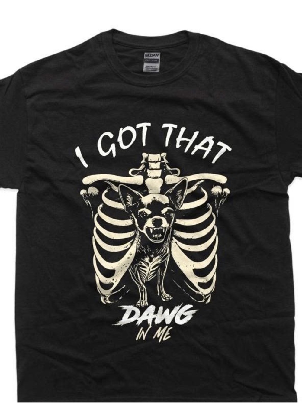 I got that dawg in me Black Tee with Cream Skeleton Dog Graphic